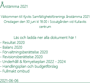 Årstämma 2021 Välkommen till Kyviks Samfällighetsförenings årsstämma 2021 Onsdagen den 30 juni kl 18.00 i Scoutgården vid Kullaviks centrum  Läs och ladda ner alla dokument här ! - Resultat 2020 - Balans 2020 - Förvaltningsberättelse 2020 - Revisionsberättelse 2020 - Underhåll & förnyelseplan 2022 - 2024 - Handlingsplan och budgetförslag - Fullmakt ombud 2021-06-06